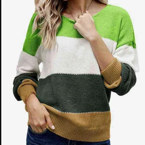 Boutique Colorblock Drop Shoulder Casual Sweater Green Gold Gray Size Large - Picture 1 of 6